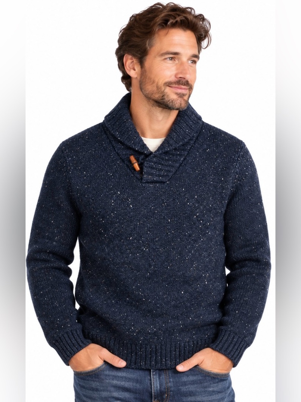Telluride Men’s L Wool Blend Navy Shawl Collar Sweater Elbow Patches Toggle